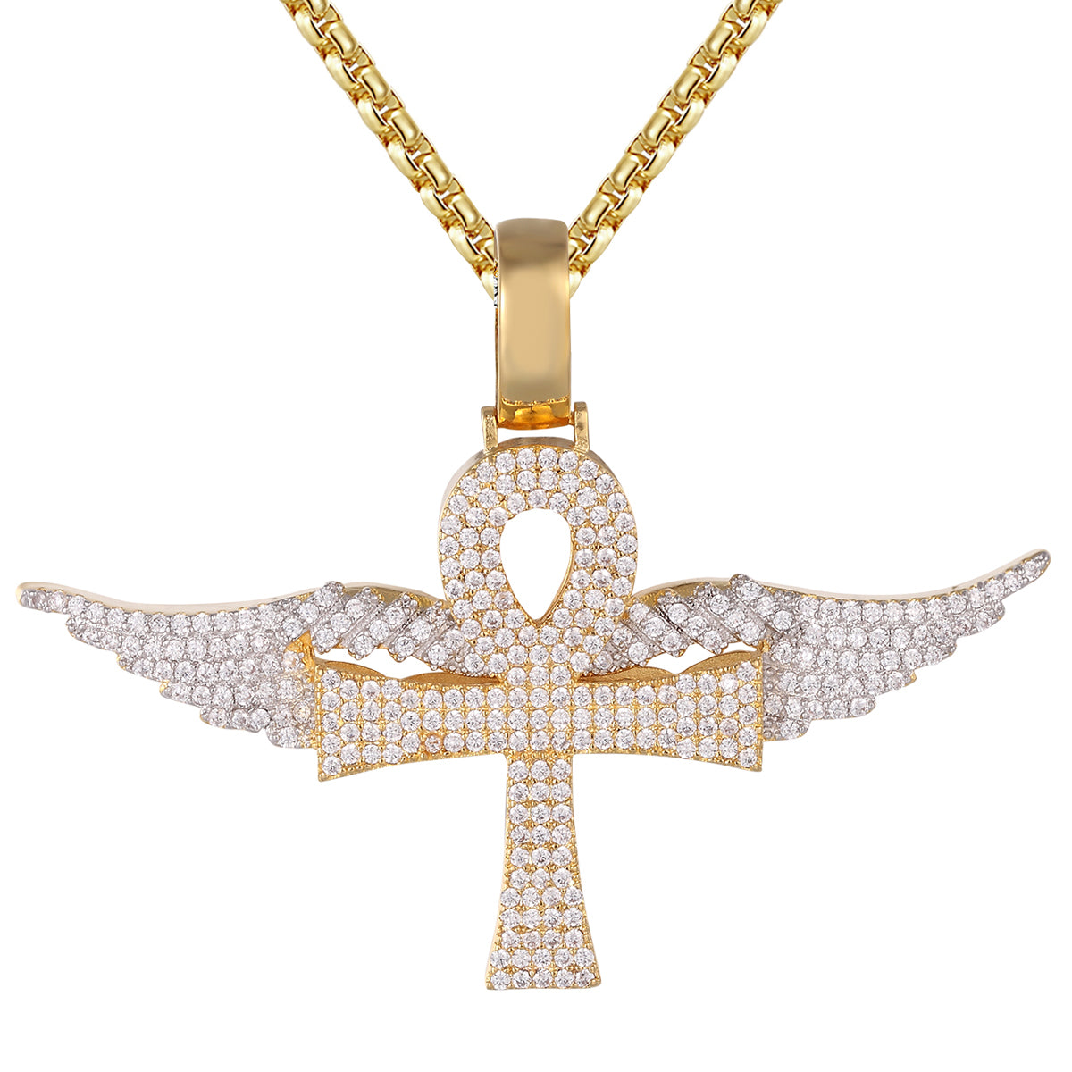 Icy Religious Ankh Cross Flying Angel Wings Gold Tone Pendant