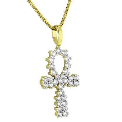 Solitaire Ankh Cross Pendant Bling 14K Gold Finish Simulated Diamond Necklace