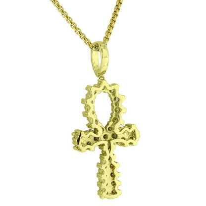 Solitaire Ankh Cross Pendant Bling 14K Gold Finish Simulated Diamond Necklace
