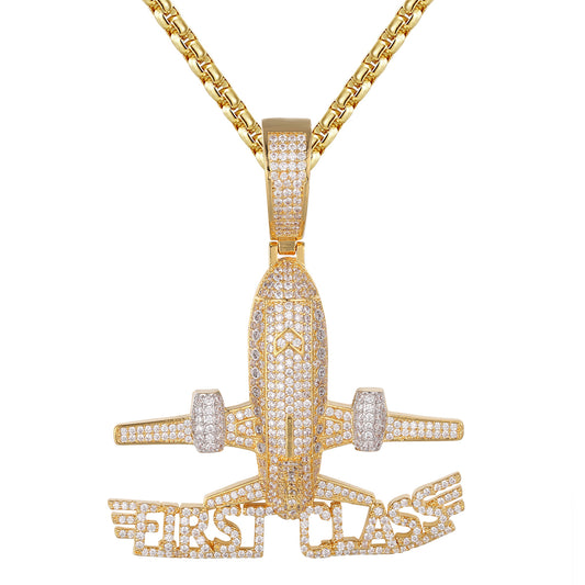 Gold Tone First Class Airplane Rich CEO .925 Bling Pendant