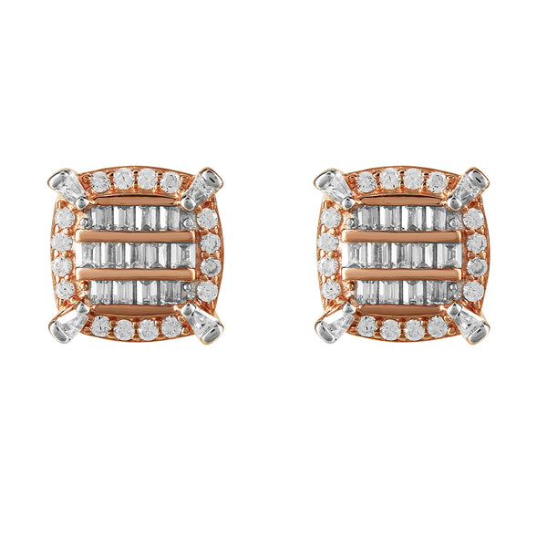 Rose Gold Baguette Icy Square Prong .925 Screw Back Earrings