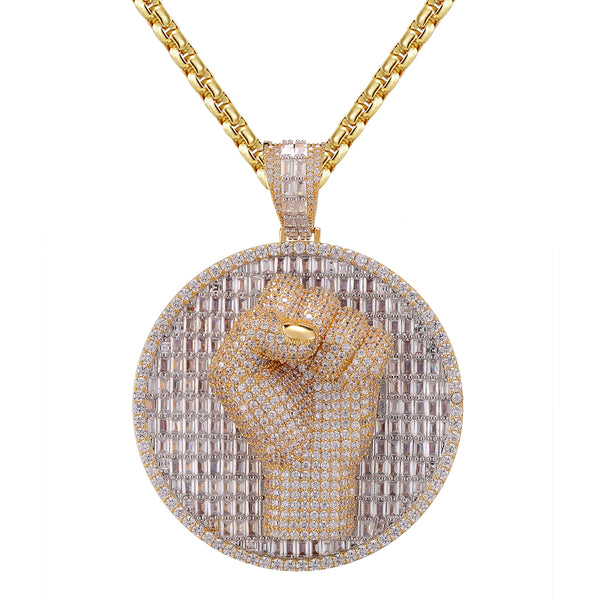 Gold Tone Power of Fist Victory Baguette Icy Circle Pendant