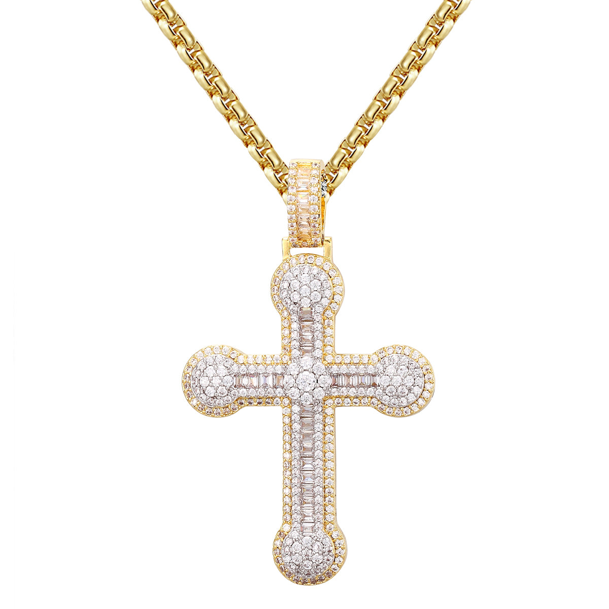 Gold Tone Jesus Cross Baguette Solitaire Icy Religious Pendant