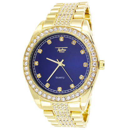 Techno Pave Icy Bezel Blue Face Stainless Steel Back Watch