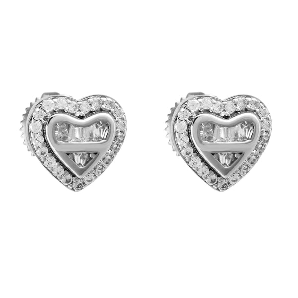 Sterling Silver Double Heart Micro Pave Stud Screw Back Earrings
