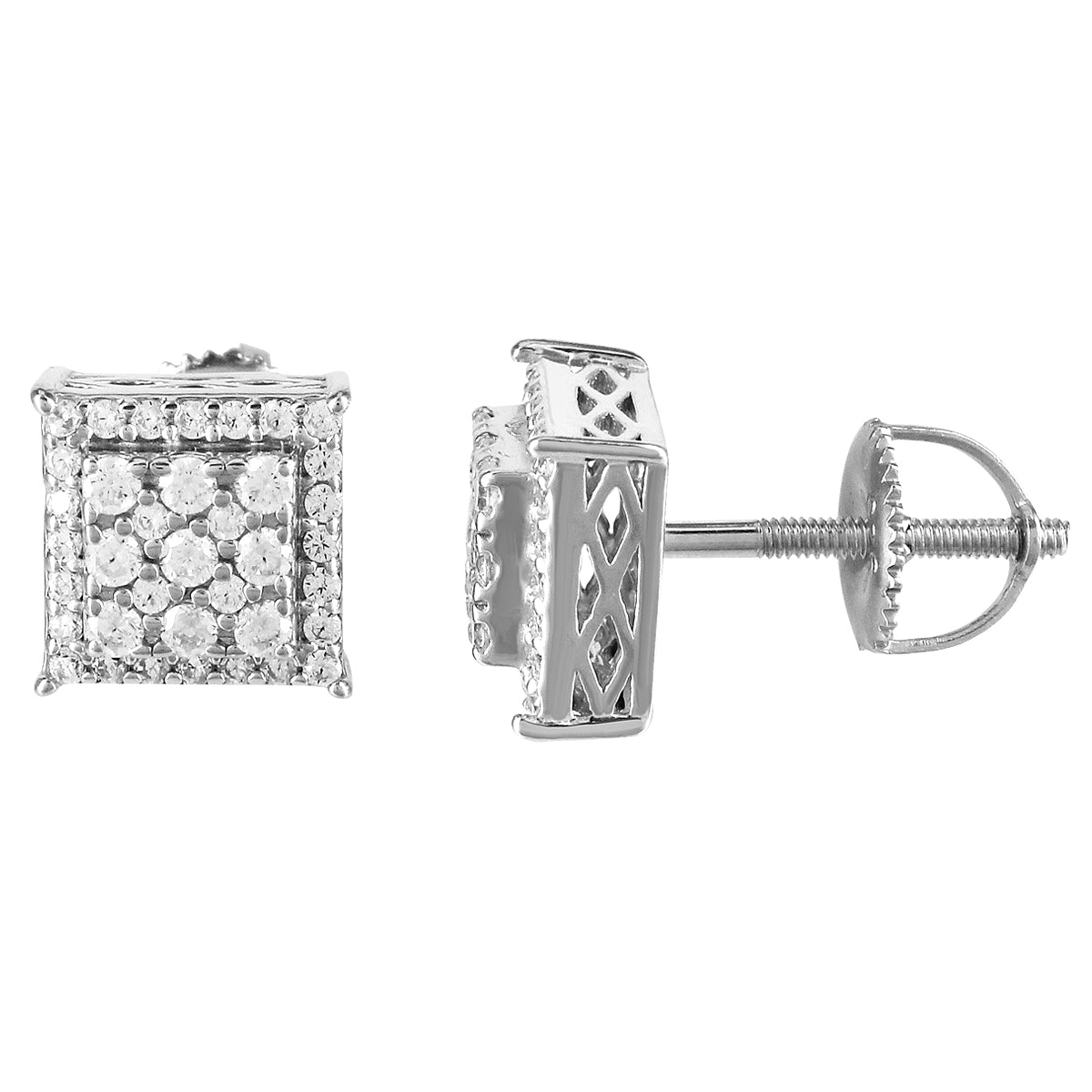 Sterling Silver Tower Style Cube Square Icy Screw Back Earrings
