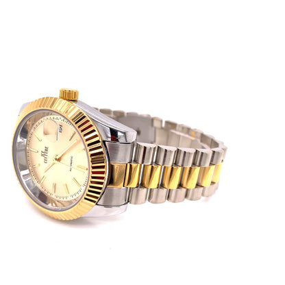 Mens Two Tone Designer Fluted Bezel Stainless Steel Wrist Watch