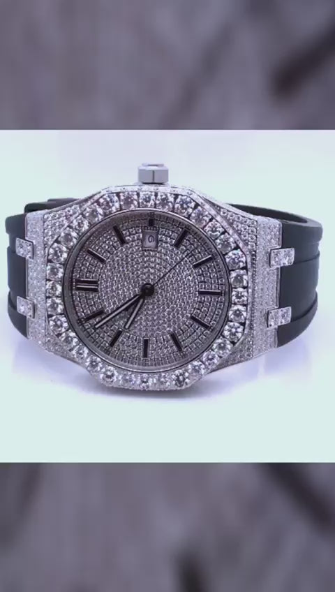 Solitaire Bezel 9.5ct Moissanite Half Iced Black Silicon Band Mens Watch