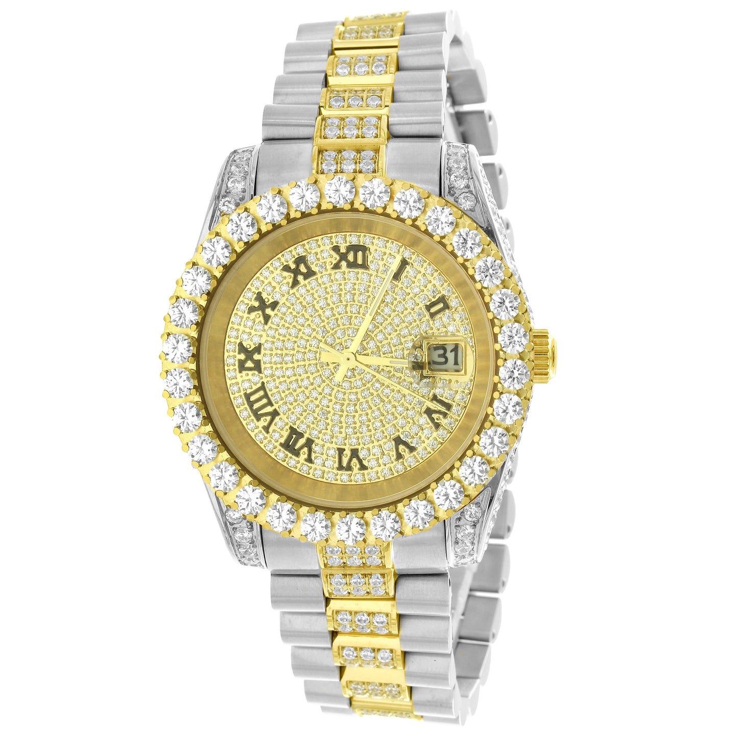 Stainless Steel Two Tone Gold Solitaire Bezel Roman Dial Watch