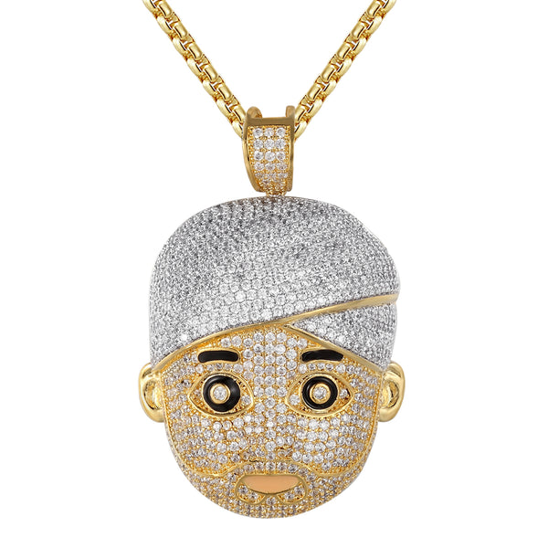 Gold Finish Turban Man Face Emoji Hip Hop Silver Pendant