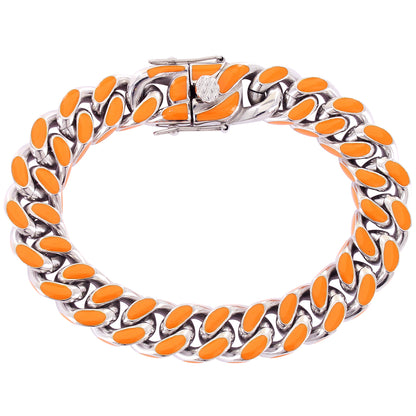 Stainless Steel Orange Enamel Miami Cuban Style Men's Bracelet