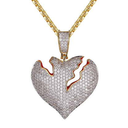 Cracked Heart Shape Hip Hop Gold Tone Silver Pendant Chain