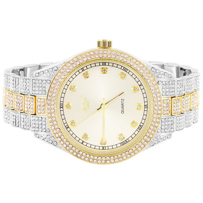 Two Tone Bling Band Bezel Round Face Watch Adjustable Links