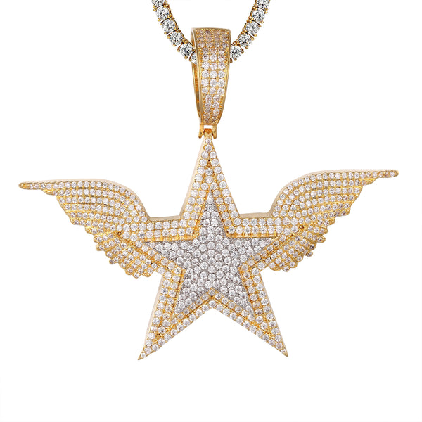 Star Angel Wings Sterling Silver Rapper Style Hip Hop Pendant