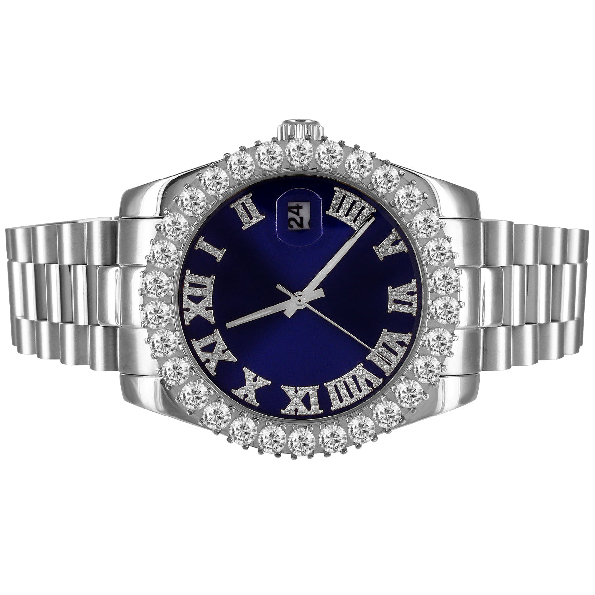 Mens 41mm Stainless Steel Blue Roman Dial Icy Bezel Watch