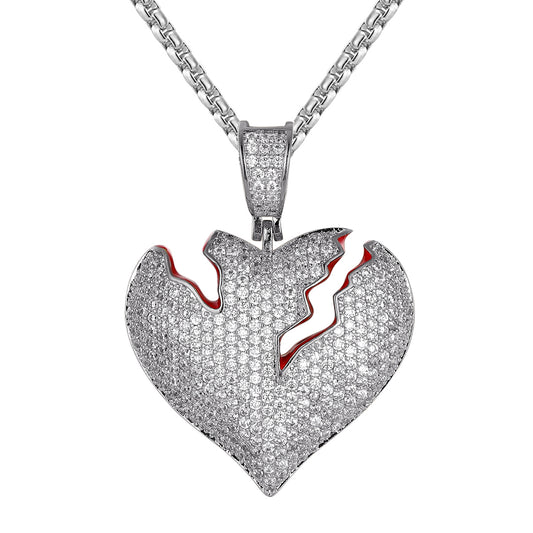 White Tone Broken Cracked Heart Shape Custom Pendant Chain