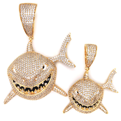 Icy 3D Small Great Shark Face Jaw Gold Tone Rapper Pendant
