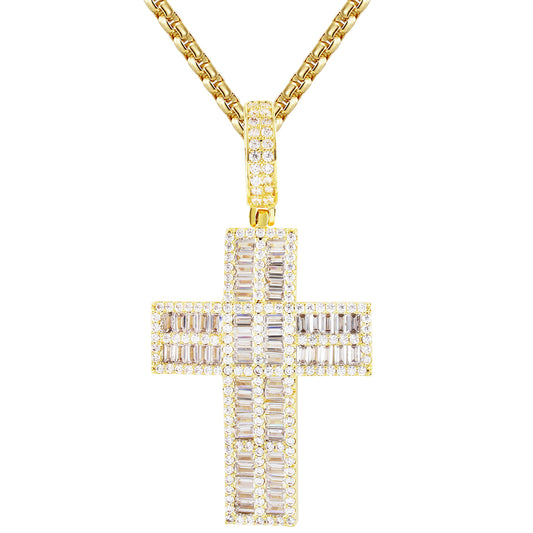 Holy Cross Two Row Baguette Religious God Pendant Necklace