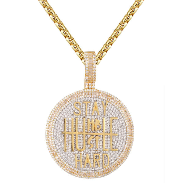 Stay Humble Hustle Hard Grind Baguette Icy Circle Pendant