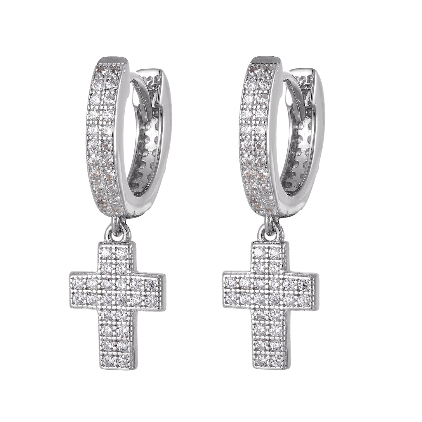 Religious Cross Dangle Hoops 2 Row Sterling Silver Earrings