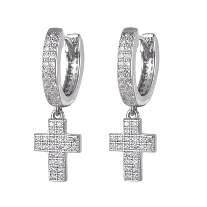 Religious Cross Dangle Hoops 2 Row Sterling Silver Earrings