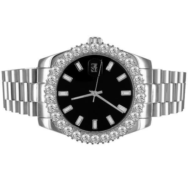 Stainless Steel 41mm Solitaire Dial Black Face Baguette Mens Watch