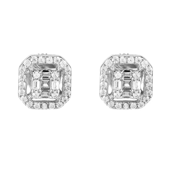Silver Octagon Micro Pave Baguette Icy Stud Screw Earrings