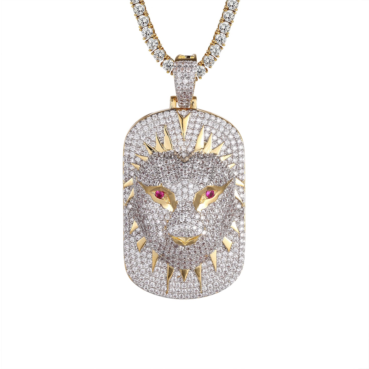 3D Panther Face Dog Tag Created Ruby Eyes Micro Pave Pendant