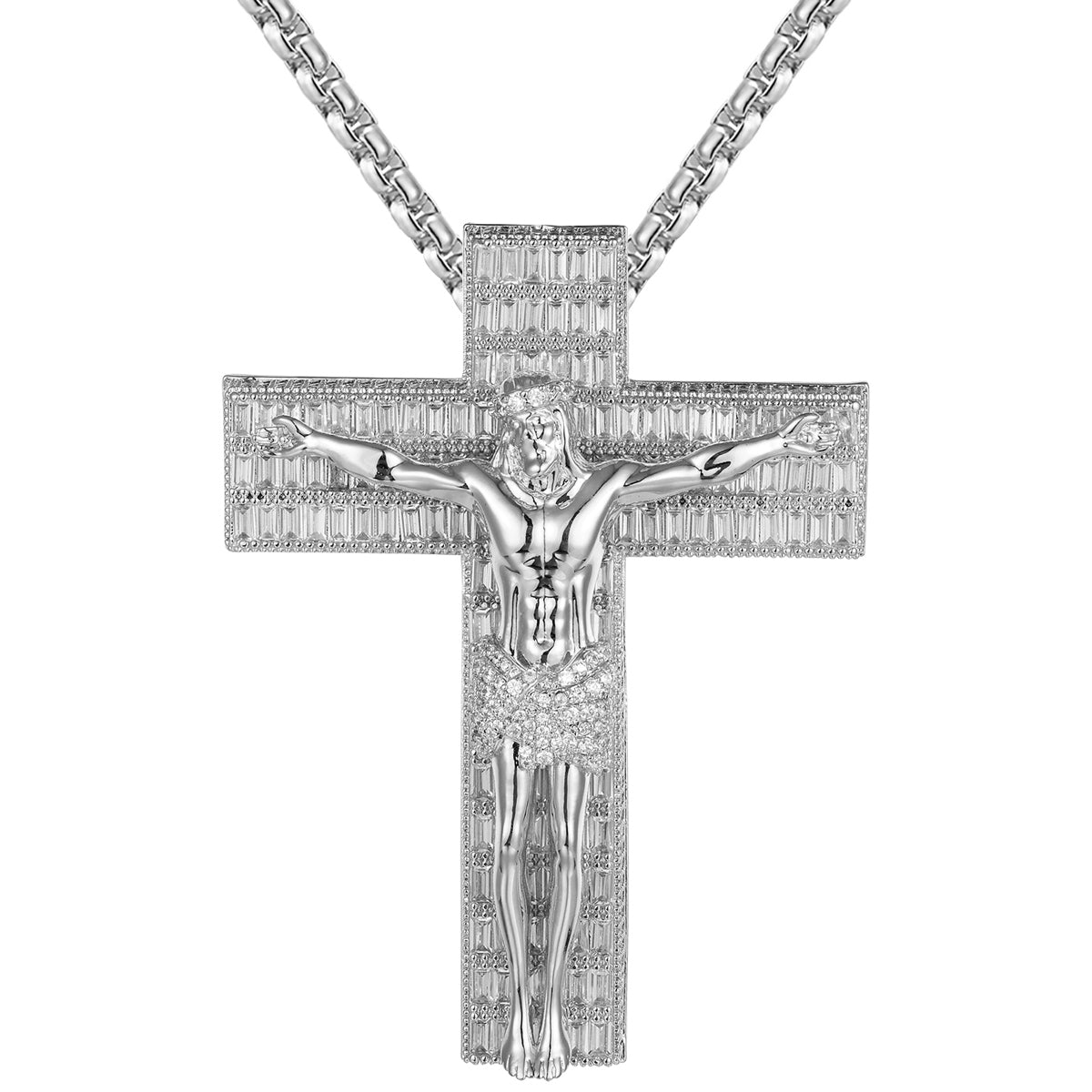 White Religious Baguette Icy Jesus Crucifix Cross Big Pendant