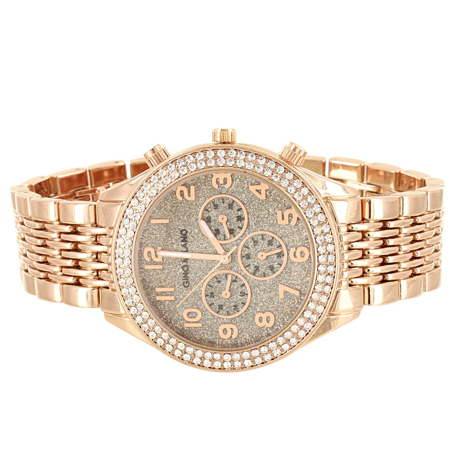Rose Gold Tone Micro Pave Bezel Men's Metal Band Watch