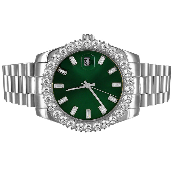 Stainless Steel Green Baguette face 41mm Solitaire Bezel Watch