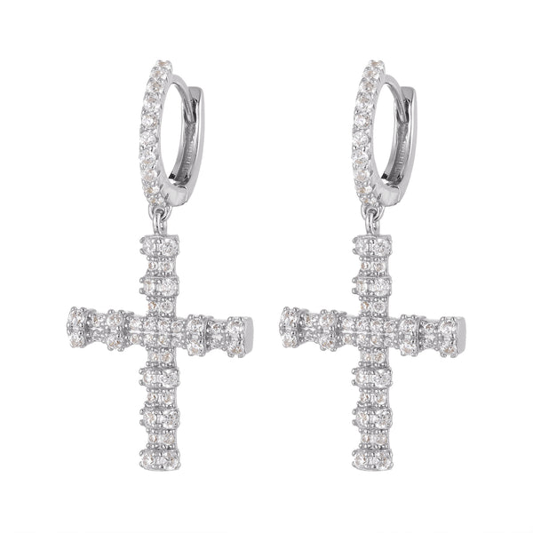 Sterling Silver Religious Designer Cross Micro Pave Dangling Hoops