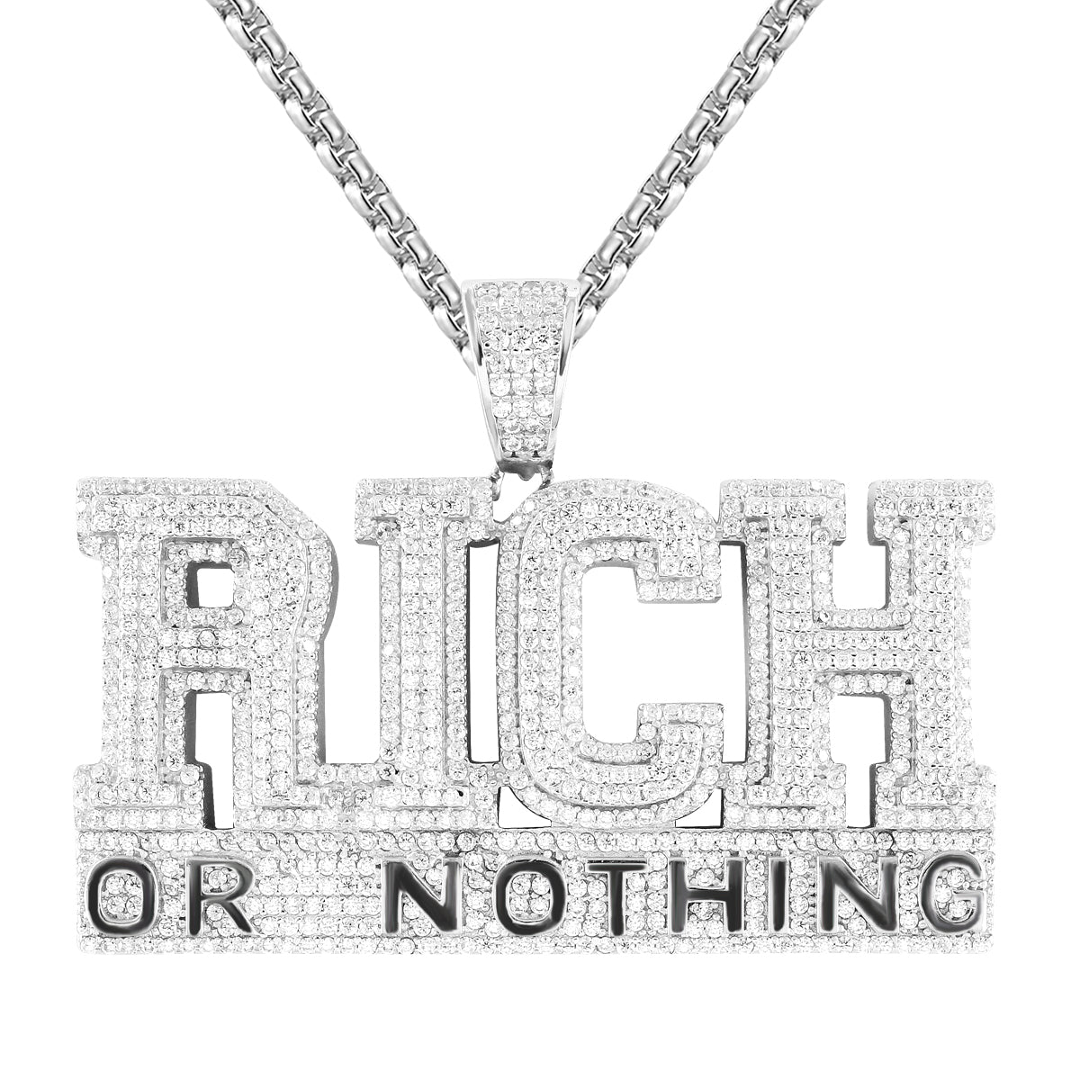 Mens Rich Or Nothing Bling .925 Silver Bling Double Layer Pendant