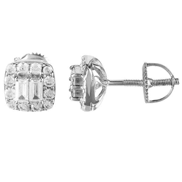 Sterling Silver Square Icy Baguette Prong Set Screw Back Earrings