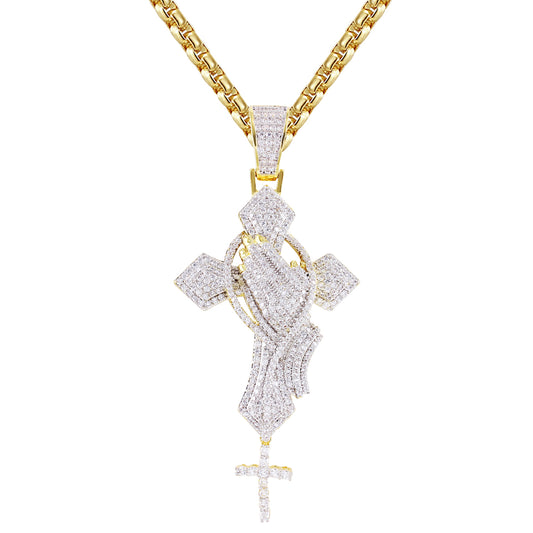 Gold Finish Bling Rosary Praying Hand Holy Cross Silver Pendant