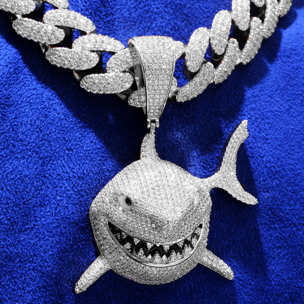 White Big Shark Face Icy 3D Rapper Custom Pendant Chain