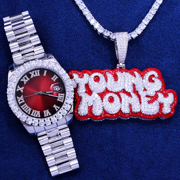 Stainless Steel Red Dial Watch Young Money Tennis Chain Combo