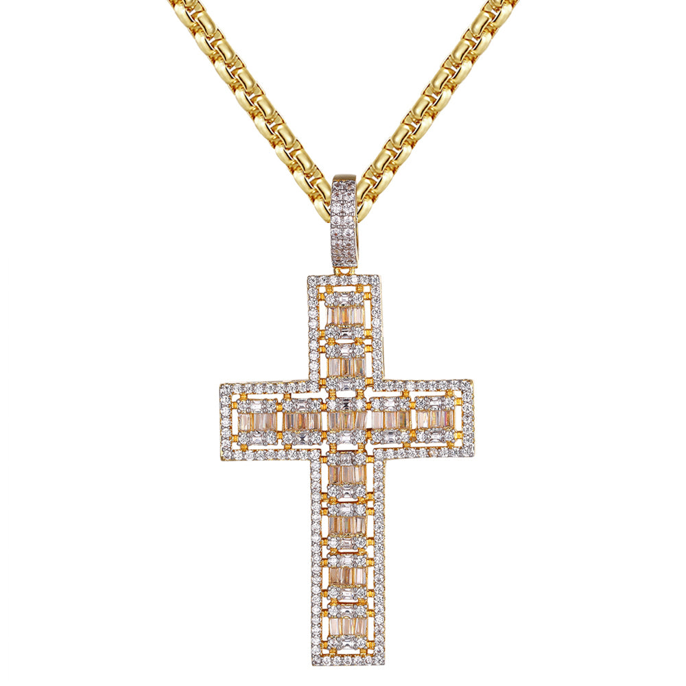 Two Row Baguette Cross 14k Gold Tone Icy Micro Pave Pendant Jesus