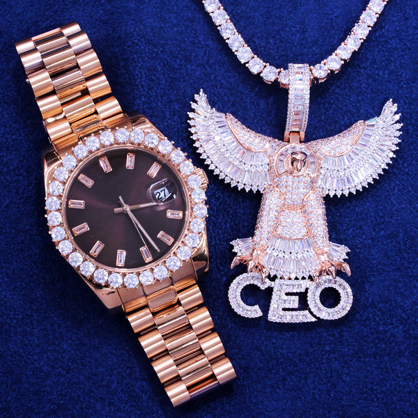 Chocolate Dial Stainless Steel Watch Rose Gold Eagle CEO Combo