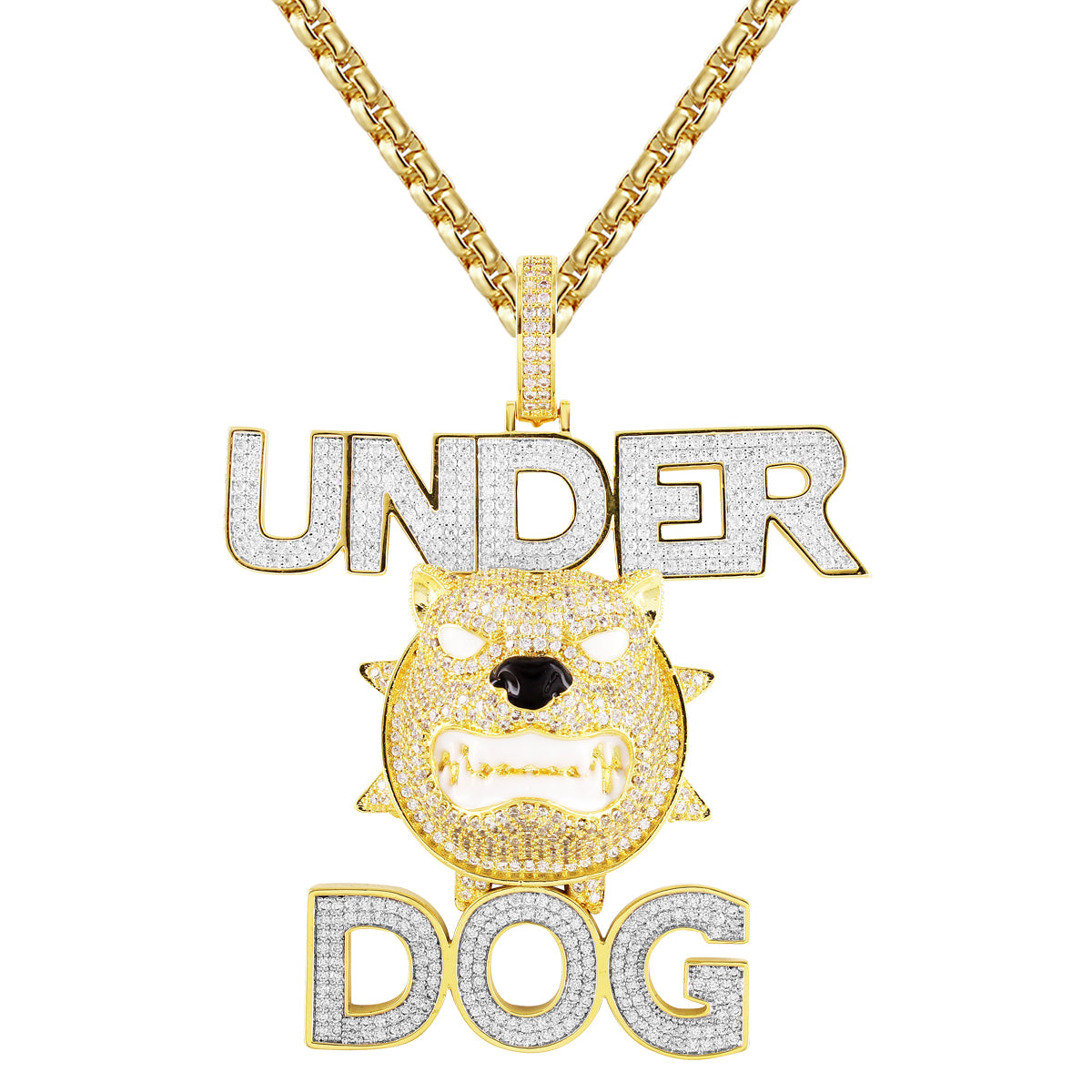 Mens Underdog Pendant Bulldog Animal Pet 14k Gold Finish Chain Combo Set