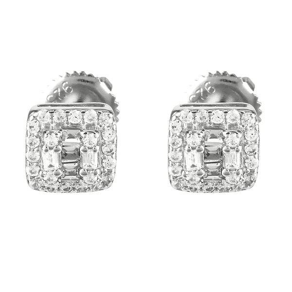 Sterling Silver Baguette Icy Square Screw Back Stud Earrings