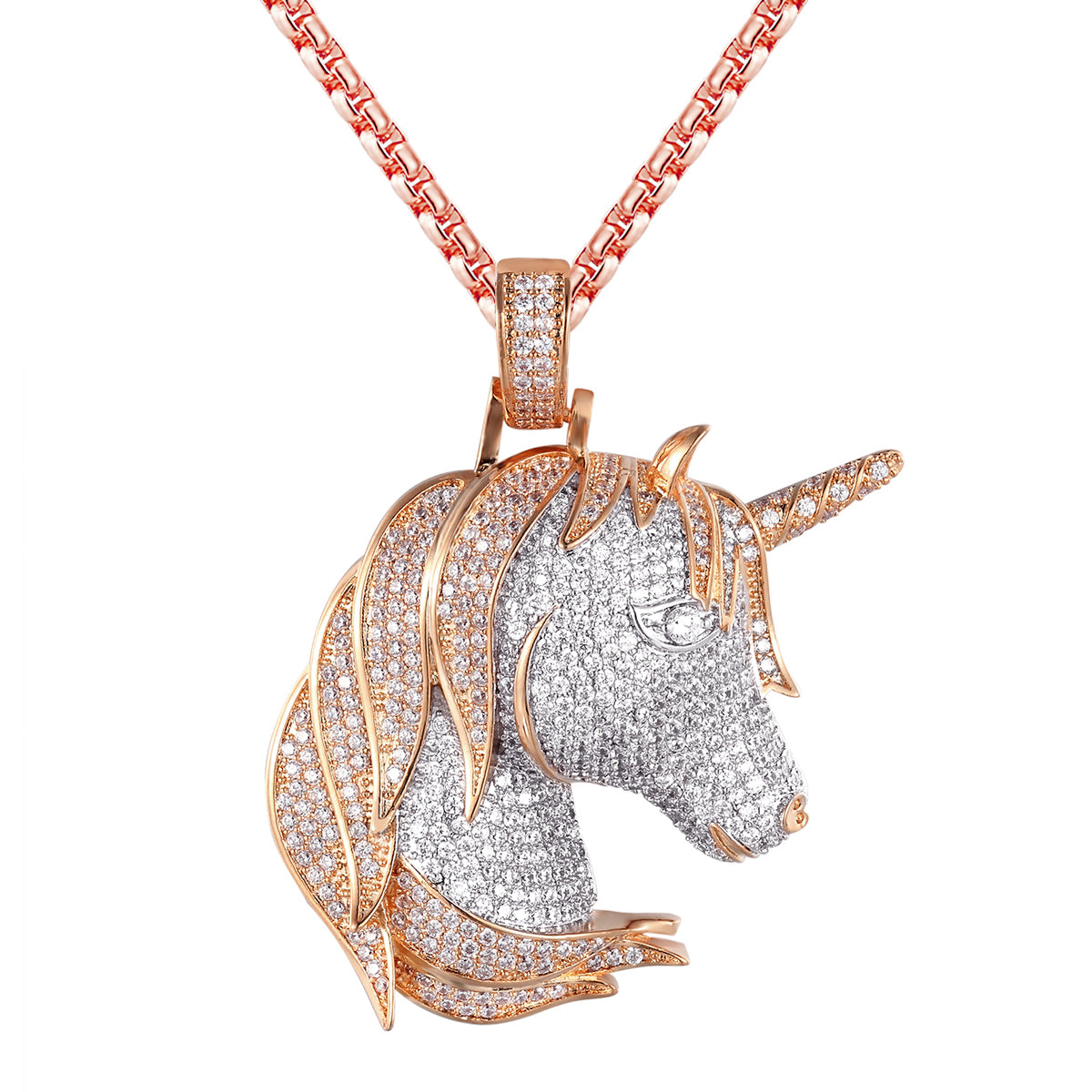 Silver Lucky Unicorn Animal Face Rose Gold Finish Pendant