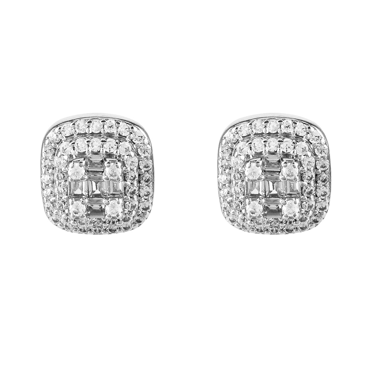Sterling Silver Solitaire Cluster Icy 3D Square Screw Back Earring