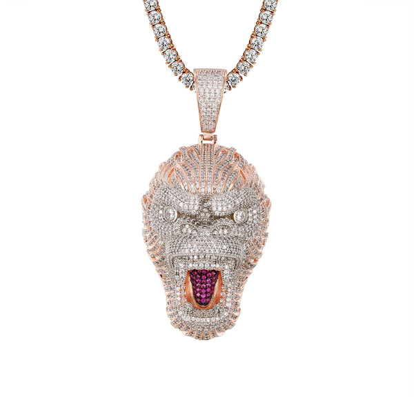 Rose Gold Growling Gorilla Face Animal 3D Icy Pendant Chain