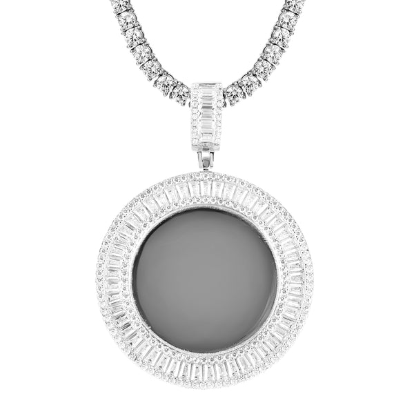 Circle Baguette Micro Pave Picture Memory Gift Pendant Chain