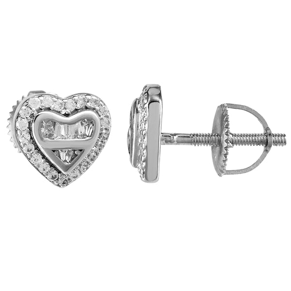 Sterling Silver Double Heart Micro Pave Stud Screw Back Earrings