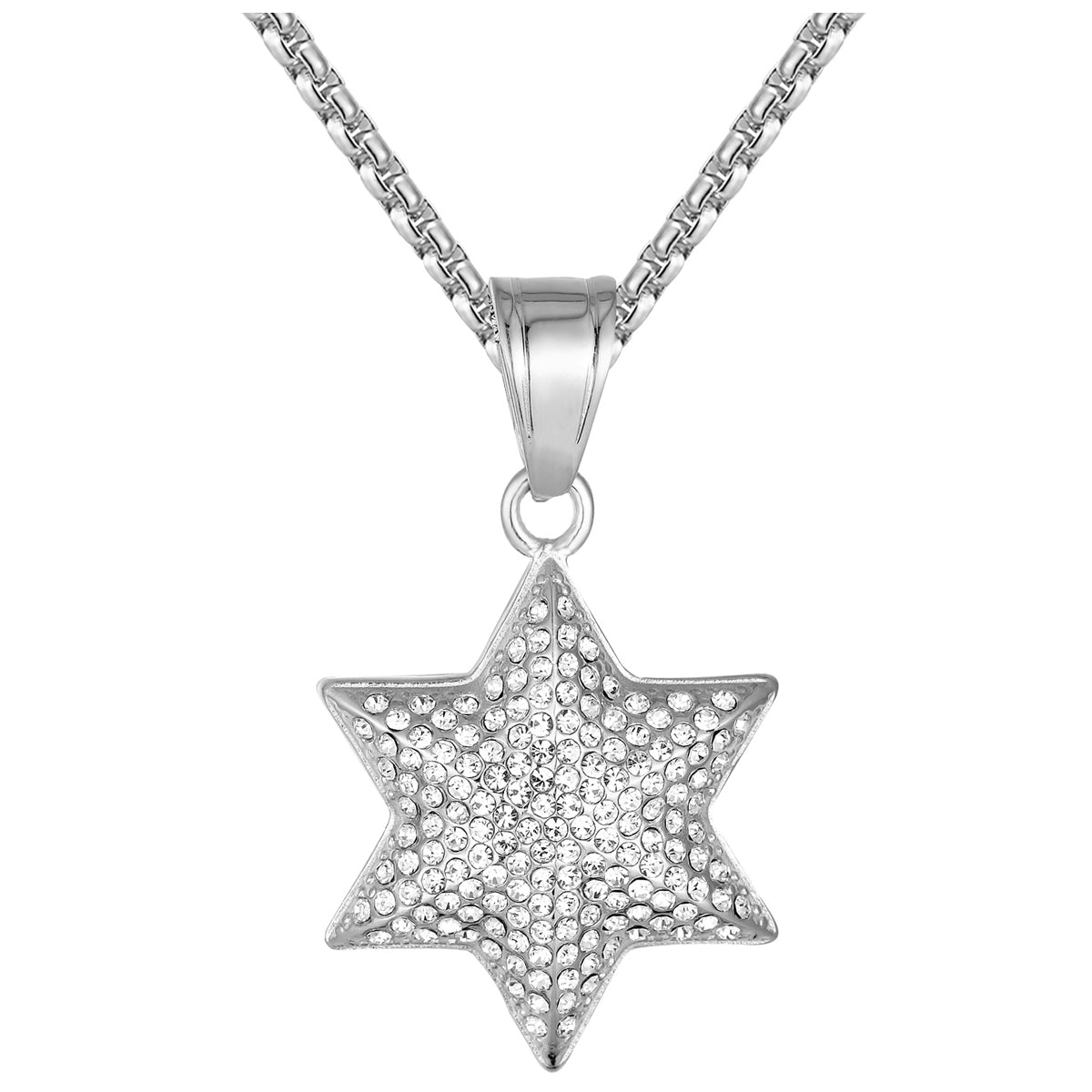 Stainless Steel Six Point Star 3D Apopo Bling Pendant 24" Chain
