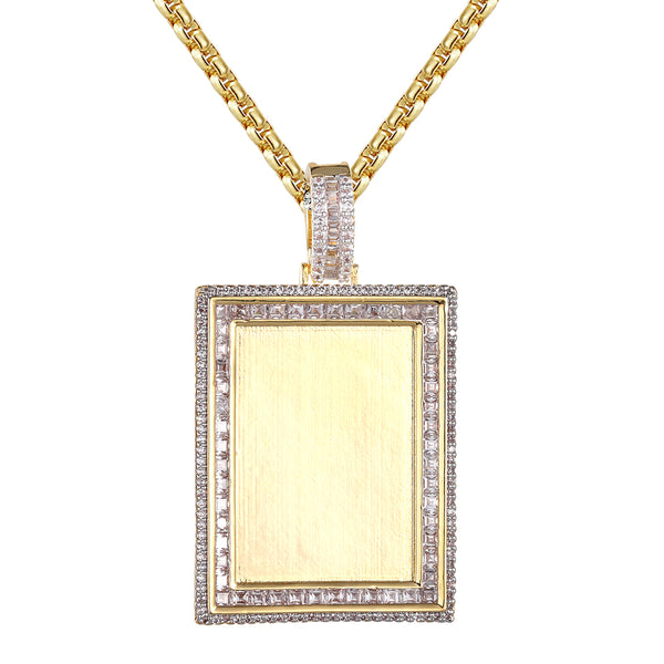 Unisex Dog Tag Baguette Bling Picture Memory Frame Pendant