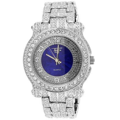 White Finish Techno Pave Bling Round Blue Dial Mens Watch