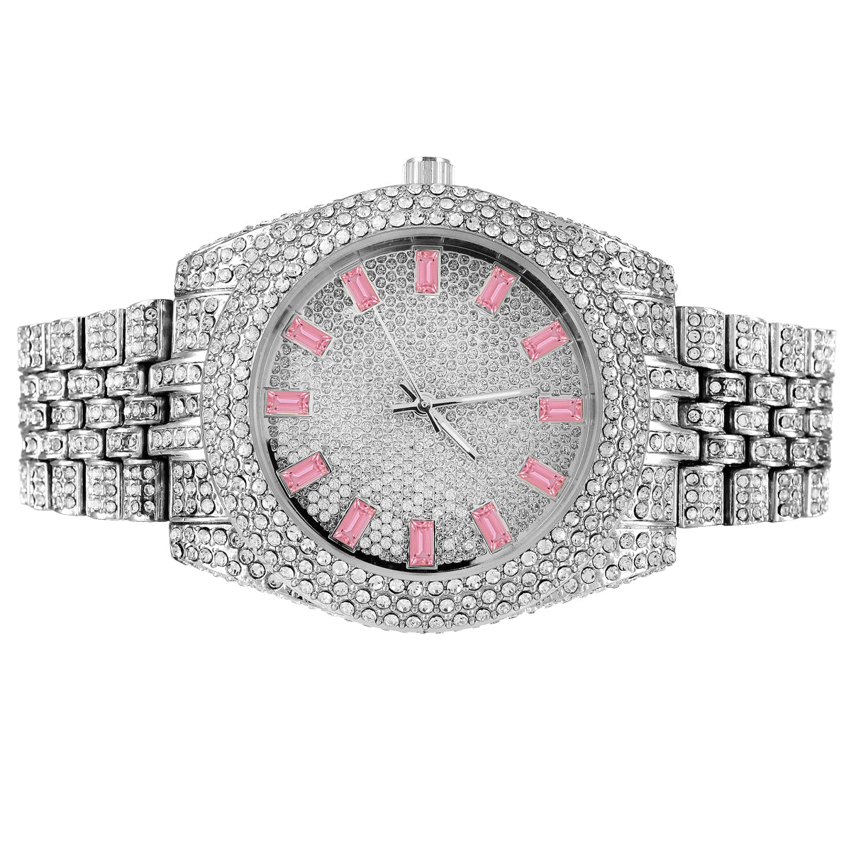 Men's Pink Baguette Marker Dial Icy Steel Back Watch